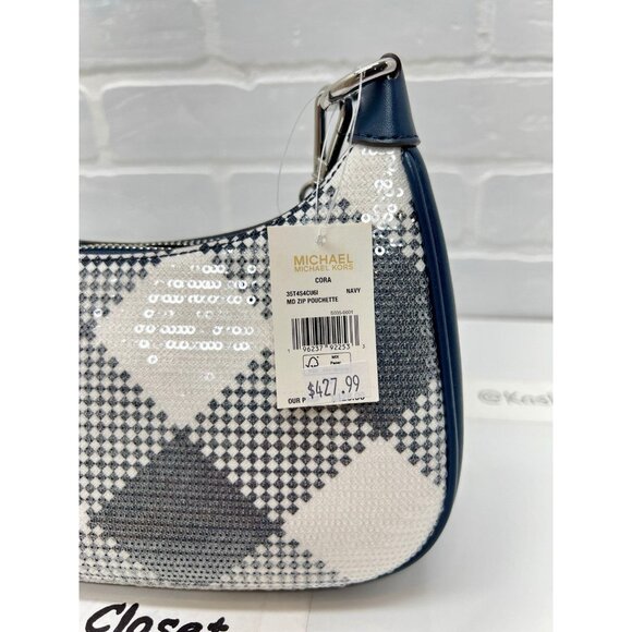 Michael Kors cora sequence plaid medium shoulder purse crossbody bag navy - Picture 5 of 6